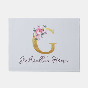 Custom Gold Foil Pink Roses Letter G Monogram Doormat