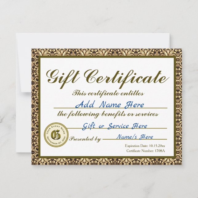 Custom Gold Gift Certificate for Invitations (Front)