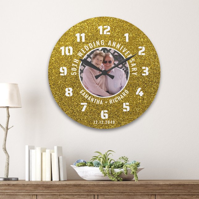 Custom Gold Glitter 50th Wedding Anniversary Photo Large Clock (Custom Gold Glitter 50th Wedding Anniversary Photo Large Clock
)