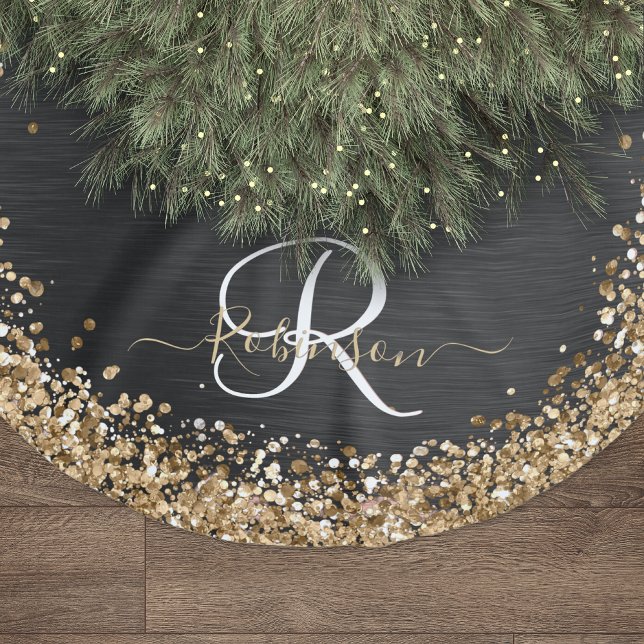 Custom Gold Glitter Black Sparkle Monogram Brushed Polyester Tree Skirt (Creator Uploaded)