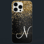 Custom Gold Glitter Black Sparkle Monogram iPhone 16 Pro Max Case<br><div class="desc">Easily personalise this trendy elegant phone case design featuring pretty gold sparkling glitter on a black brushed metallic background.</div>