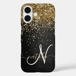 Custom Gold Glitter Black Sparkle Monogram iPhone 16 Case