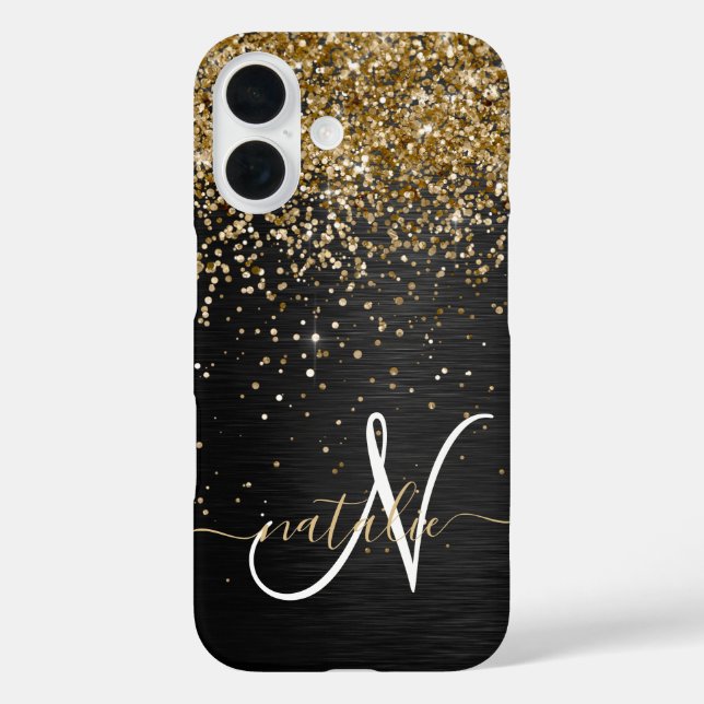 Custom Gold Glitter Black Sparkle Monogram Case-Mate iPhone Case (Back)