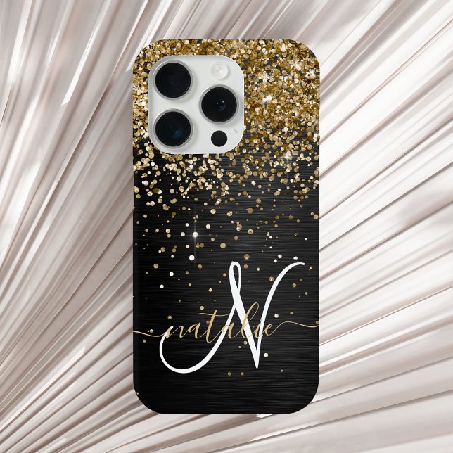Custom Gold Glitter Black Sparkle Monogram Case-Mate iPhone Case (Creator Uploaded)