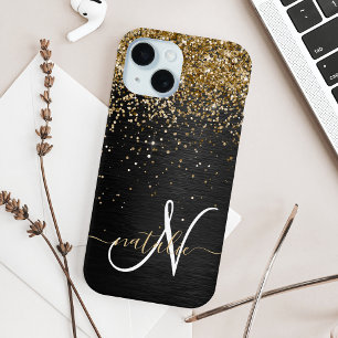 Custom Gold Glitter Black Sparkle Monogram iPhone 15 Case
