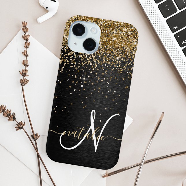 Custom Gold Glitter Black Sparkle Monogram Case-Mate iPhone Case (Creator Uploaded)