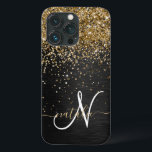 Custom Gold Glitter Black Sparkle Monogram iPhone 13 Pro Case<br><div class="desc">Easily personalise this trendy elegant phone case design featuring pretty gold sparkling glitter on a black brushed metallic background.</div>