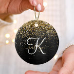 Custom Gold Glitter Black Sparkle Monogram Ceramic Tree Decoration<br><div class="desc">Easily personalise this trendy elegant ornament design featuring pretty gold sparkling glitter on a black brushed metallic background.</div>