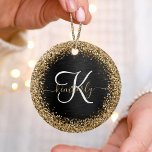 Custom Gold Glitter Black Sparkle Monogram Ceramic Tree Decoration<br><div class="desc">Easily personalize this trendy elegant ceramic ornament design featuring pretty gold sparkling glitter on a black brushed metallic background.</div>