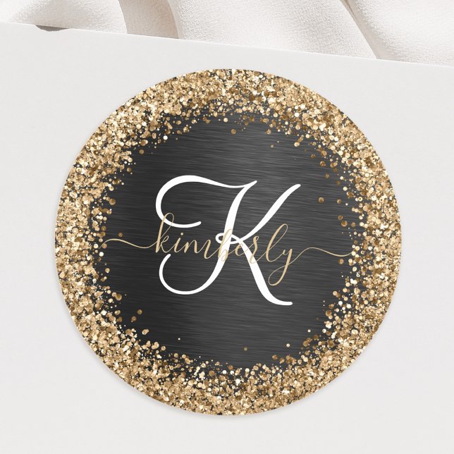 Custom Gold Glitter Black Sparkle Monogram Classic Round Sticker (Creator Uploaded)