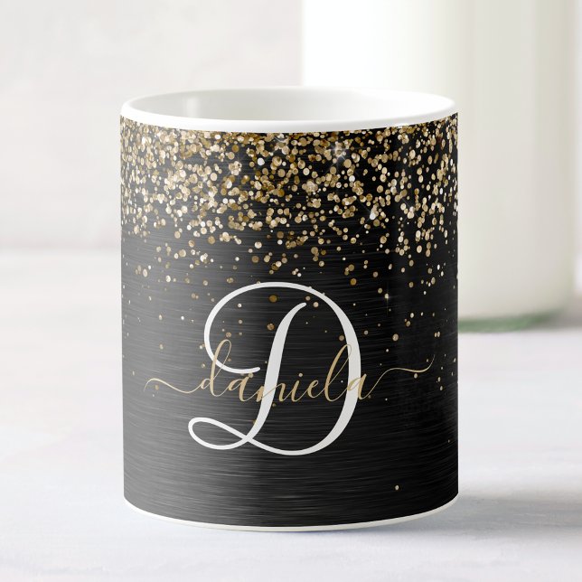 Custom Gold Glitter Black Sparkle Monogram Coffee Mug (Creator Uploaded)