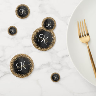 Custom Gold Glitter Black Sparkle Monogram Confetti