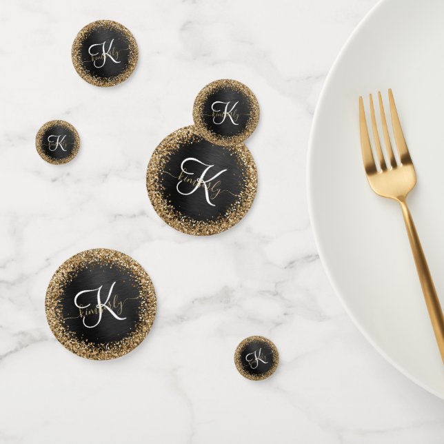 Custom Gold Glitter Black Sparkle Monogram Confetti (Group)