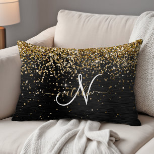 Custom Gold Glitter Black Sparkle Monogram Decorative Cushion