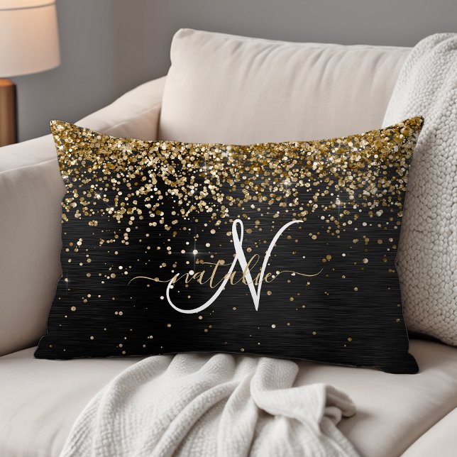 Custom Gold Glitter Black Sparkle Monogram Decorative Cushion (Creator Uploaded)