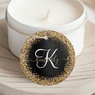 Custom Gold Glitter Black Sparkle Monogram Favour Tags