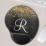 Custom Gold Glitter Black Sparkle Monogram Gel Mouse Mat<br><div class="desc">Easily personalise this trendy elegant gel mouse pad design featuring pretty gold sparkling glitter on a black brushed metallic background.</div>