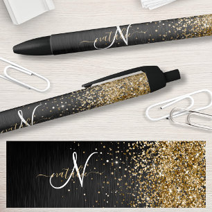 Custom Gold Glitter Black Sparkle Monogram Ink Pen