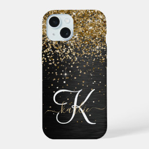 Custom Gold Glitter Black Sparkle Monogram iPhone 15 Case