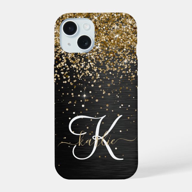 Custom Gold Glitter Black Sparkle Monogram iPhone 15 Case (Back)