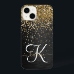 Custom Gold Glitter Black Sparkle Monogram iPhone 14 Case<br><div class="desc">Easily personalise this trendy elegant phone case design featuring pretty gold sparkling glitter on a black brushed metallic background.</div>