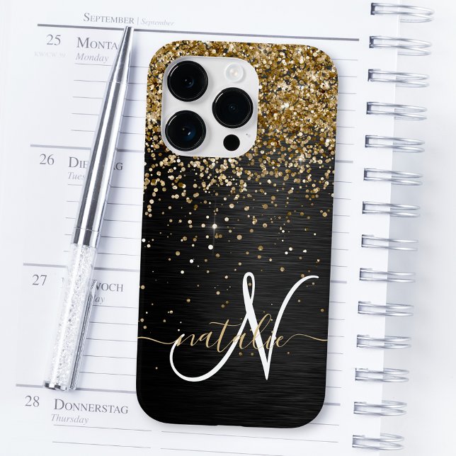 Custom Gold Glitter Black Sparkle Monogram iPhone Case (Creator Uploaded)