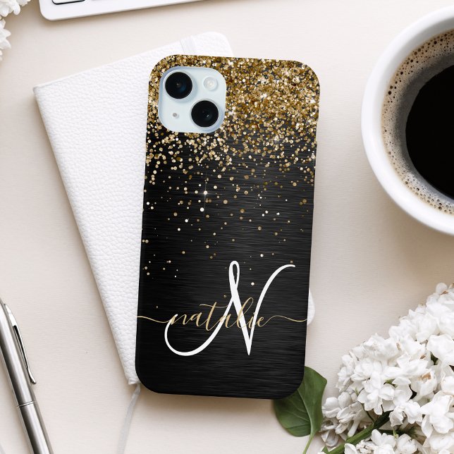 Custom Gold Glitter Black Sparkle Monogram iPhone Case (Creator Uploaded)