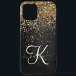 Custom Gold Glitter Black Sparkle Monogram iPhone 12 Pro Max Case<br><div class="desc">Easily personalise this trendy elegant phone case design featuring pretty gold sparkling glitter on a black brushed metallic background.</div>