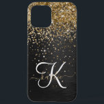 Custom Gold Glitter Black Sparkle Monogram iPhone 12 Pro Max Case<br><div class="desc">Easily personalise this trendy elegant phone case design featuring pretty gold sparkling glitter on a black brushed metallic background.</div>