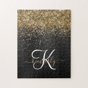 Custom Gold Glitter Black Sparkle Monogram Jigsaw Puzzle