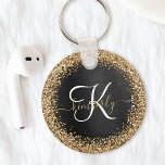 Custom Gold Glitter Black Sparkle Monogram Key Ring<br><div class="desc">Easily personalise this trendy elegant keychain design featuring pretty gold sparkling glitter on a black brushed metallic background.</div>