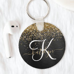 Custom Gold Glitter Black Sparkle Monogram Key Ring<br><div class="desc">Easily personalise this trendy elegant keychain design featuring pretty gold sparkling glitter on a black brushed metallic background.</div>