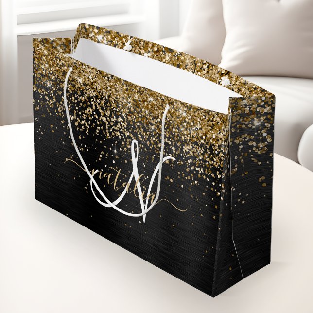 Custom Gold Glitter Black Sparkle Monogram Large Gift Bag (Creator Uploaded)