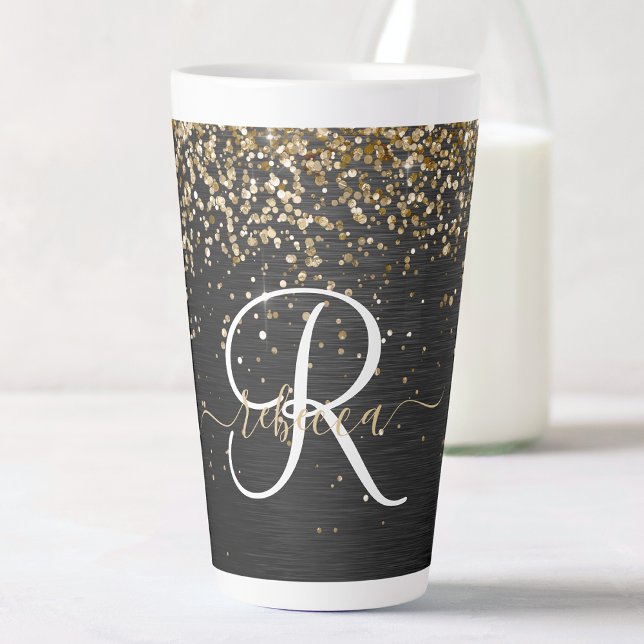Custom Gold Glitter Black Sparkle Monogram Latte Mug (Creator Uploaded)