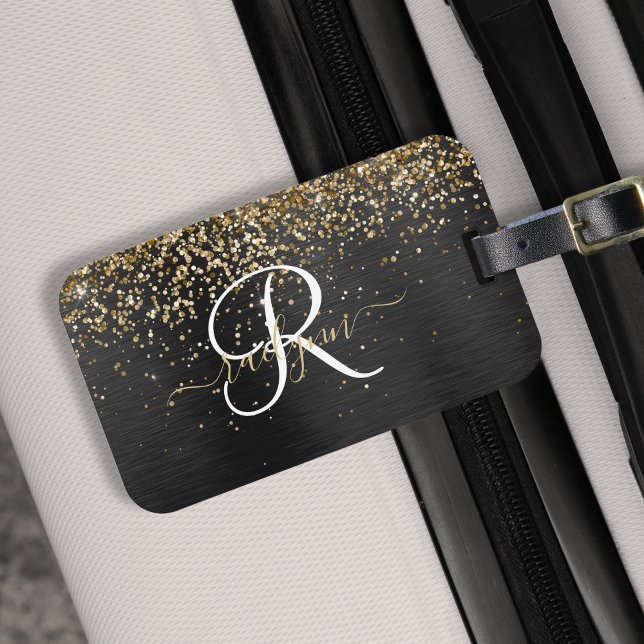 Custom Gold Glitter Black Sparkle Monogram Luggage Tag (Creator Uploaded)