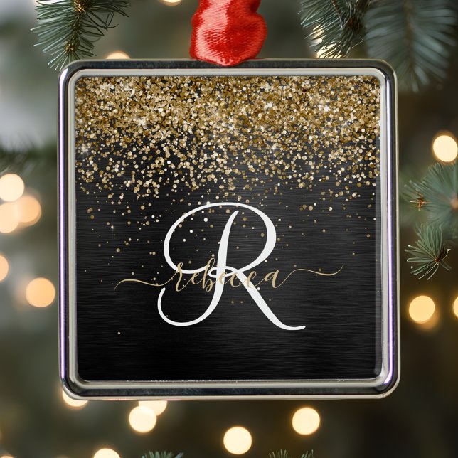 Custom Gold Glitter Black Sparkle Monogram Metal Tree Decoration (Creator Uploaded)
