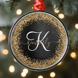 Custom Gold Glitter Black Sparkle Monogram Metal Tree Decoration<br><div class="desc">Easily personalise this trendy elegant ornament design featuring pretty gold sparkling glitter on a black brushed metallic background.</div>
