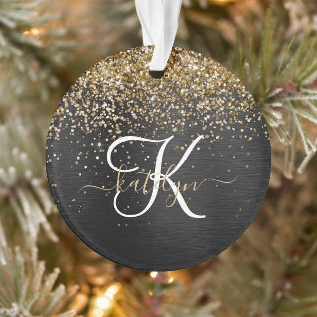 Custom Gold Glitter Black Sparkle Monogram Ornament (Tree)