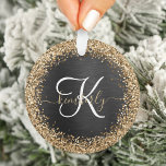 Custom Gold Glitter Black Sparkle Monogram Ornament<br><div class="desc">Easily personalise this trendy elegant ornament design featuring pretty gold sparkling faux glitter on a black brushed metallic background.</div>
