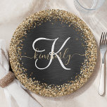 Custom Gold Glitter Black Sparkle Monogram Paper Plate<br><div class="desc">Easily personalise this trendy elegant paper plate design featuring pretty gold sparkling glitter on a black brushed metallic background.</div>