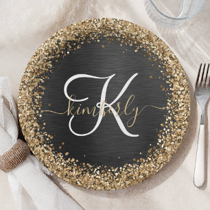 Custom Gold Glitter Black Sparkle Monogram Paper Plate