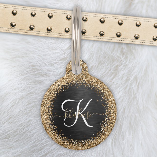 Custom Gold Glitter Black Sparkle Monogram Pet Tag (Creator Uploaded)