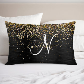 Custom Gold Glitter Black Sparkle Monogram Pillowcase