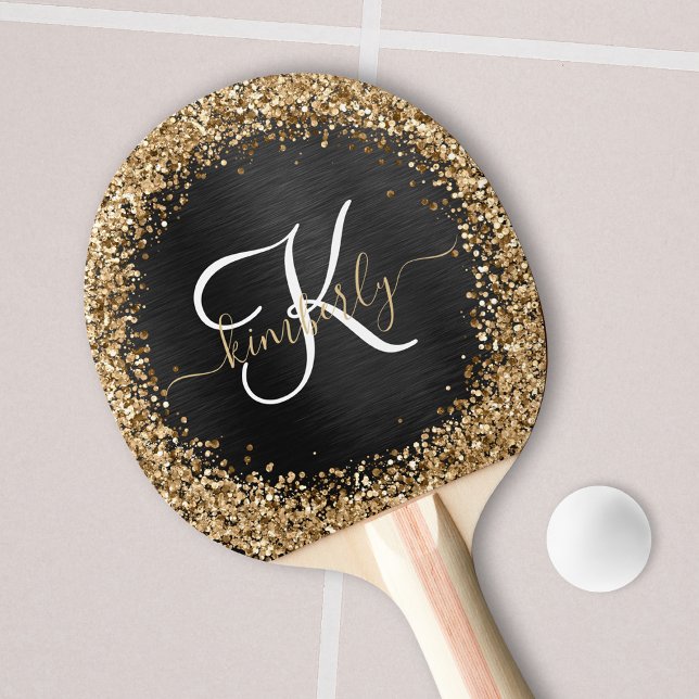 Custom Gold Glitter Black Sparkle Monogram Ping Pong Paddle (Creator Uploaded)