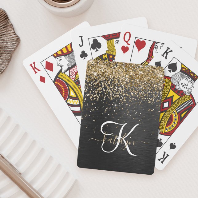 Custom Gold Glitter Black Sparkle Monogram Playing Cards (Creator Uploaded)