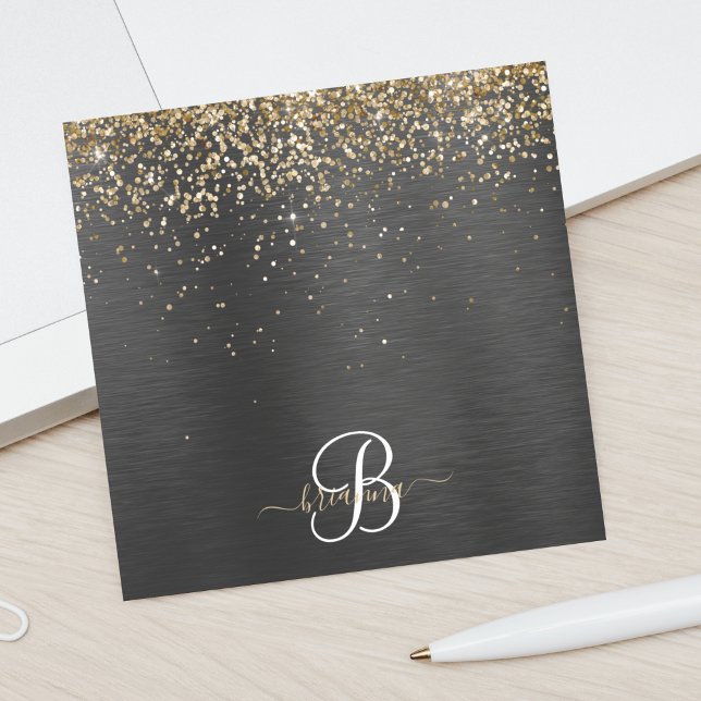 Custom Gold Glitter Black Sparkle Monogram Post-it Notes (Creator Uploaded)