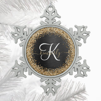 Custom Gold Glitter Black Sparkle Monogram Snowflake Pewter Christmas Ornament