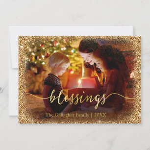 Custom Gold Glitter Blessings Photo Christmas Holiday Card