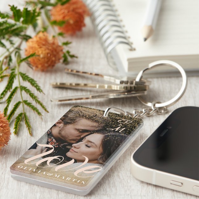 Custom Gold Glitter Couple Photo Monogrammed Key Ring (Front Right)