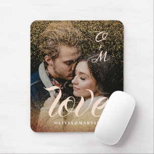 Custom Gold Glitter Couple Photo Monogrammed Mouse Mat
